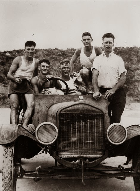 Group of mates riding in a Model T Ford, Double Island Point, 1931
