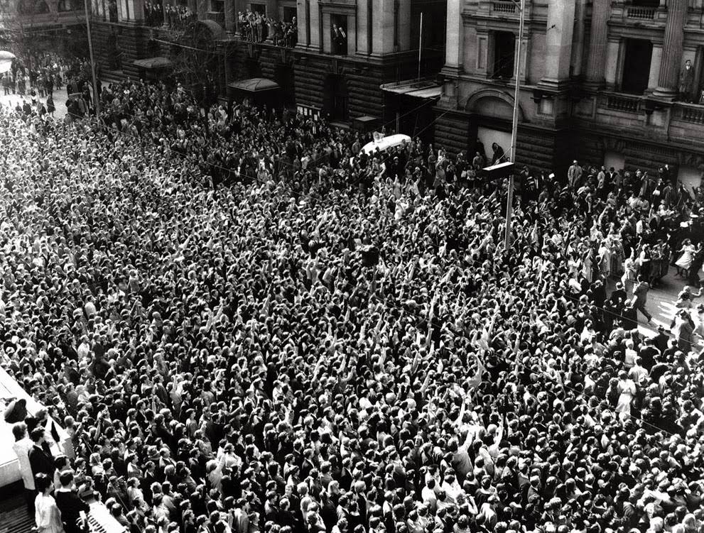 A section of the huge crowd which gathered outside the Town Hall in Melbourne, Australia, to greet the Beatles, during their tour of Australia and New Zealand, 1964.
