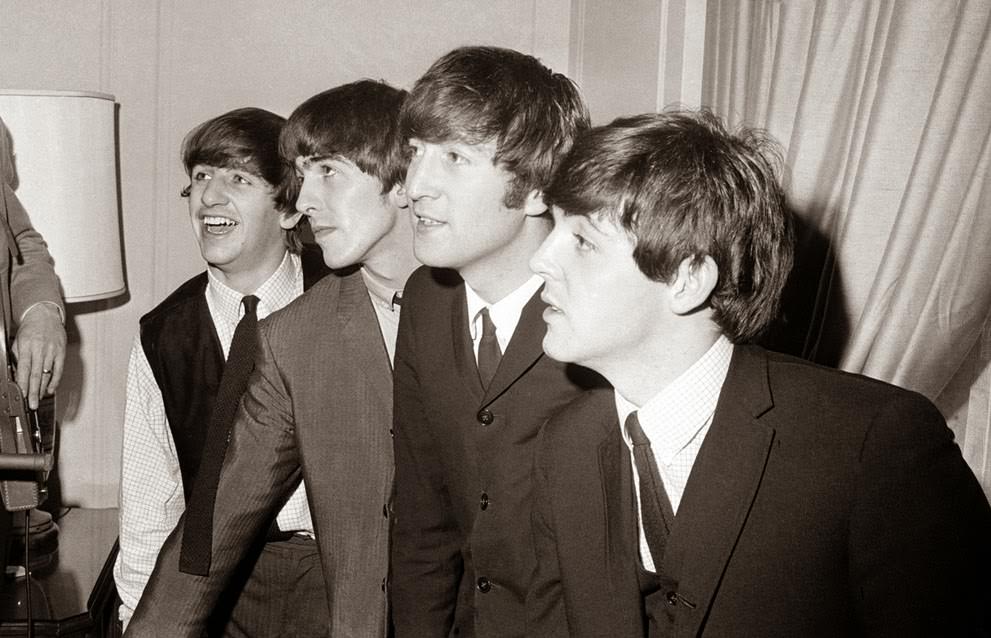 The Beatles in their New York hotel after their arrival in the U.S., 1964.
