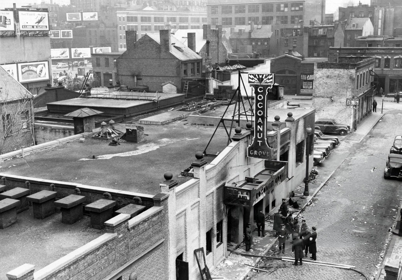The exterior of the Cocoanut Grove nightclub in Boston, after a fire at the nightclub killed nearly 500 and injured hundreds more, 1942.