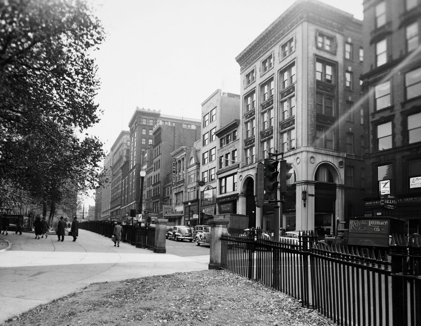 Boylston Street looking east from Charles Street in Boston, 1940s.
