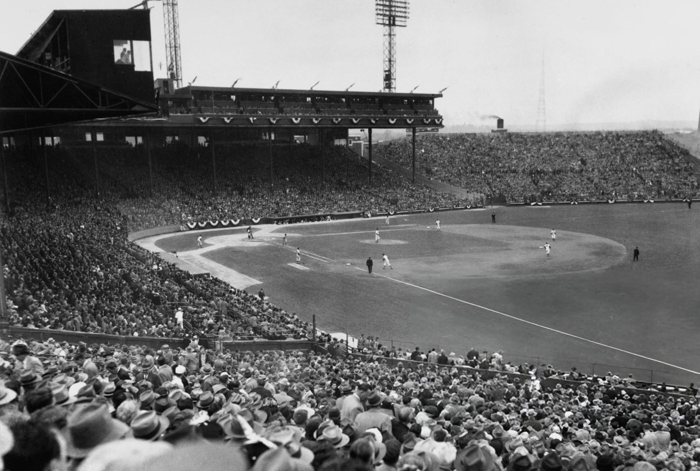 Baseball fans at Braves' Field during the Boston Braves vs Cleveland Indians game for the 1948 World Series Tournament, 1948.