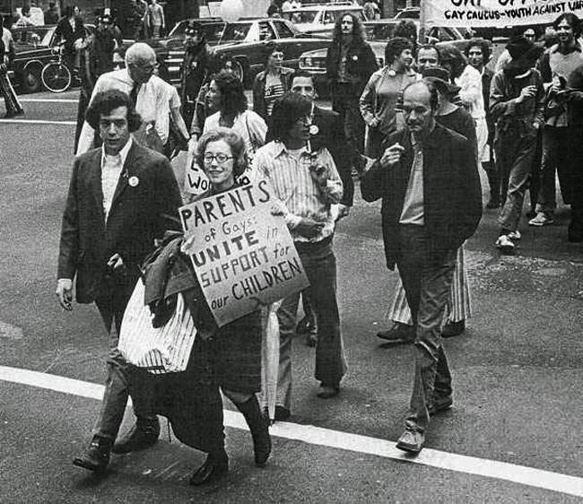 Jeanne Manford marches with her gay son during a Pride Parade; Jeanne went on to found the rights group “Parents, Families and Friends of Lesbians and Gays”, 1972.