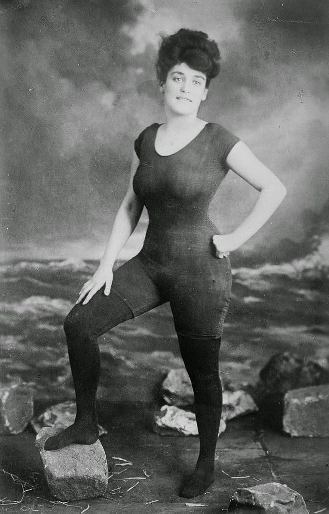 Annette Kellerman posing in a swimsuit that got her arrested for indecency, 1907.