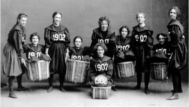 The first women’s basketball team from Smith College, 1902.