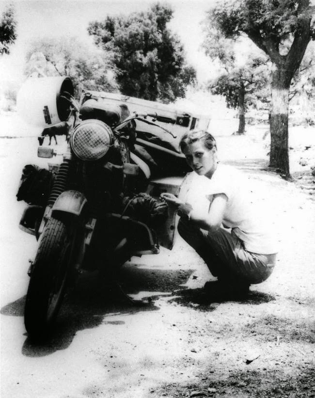 Elspeth Beard during her attempt to become the first Englishwoman to circumnavigate the world by motorcycle, 1980s.