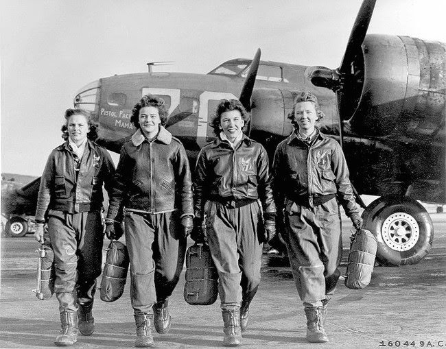 Female pilots leaving their B-17, “Pistol Packin’ Mama,” 1940s.