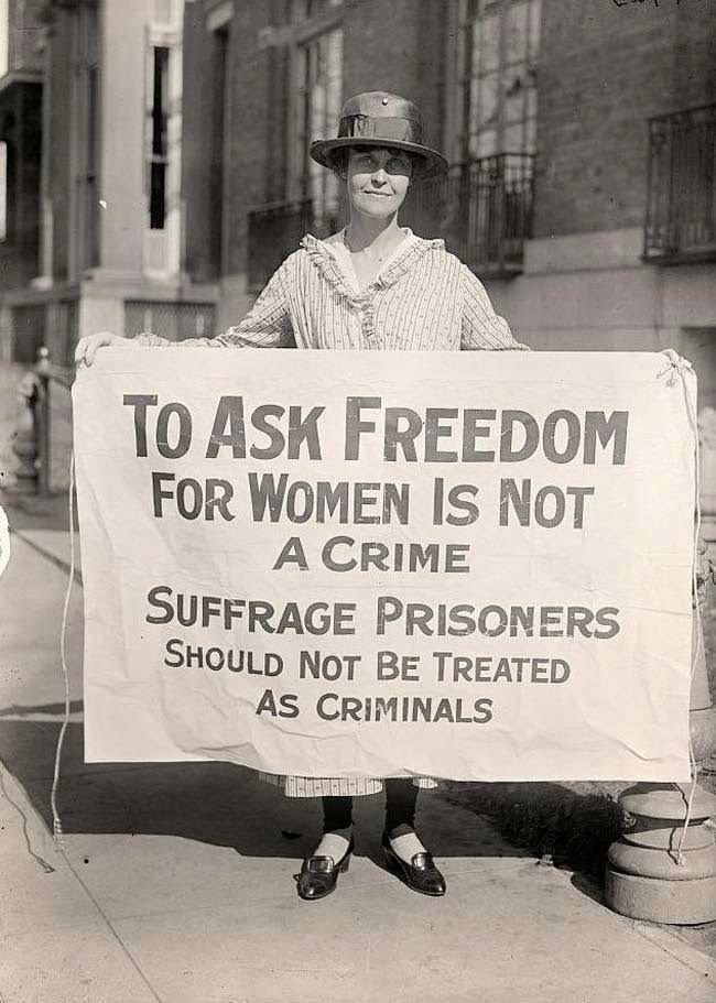 A woman suffrage activist protesting after ‘The Night of Terror,’ when 33 suffrage activists had been arrested for ‘obstructing traffic’ and were badly beaten by prison guards, 1917.