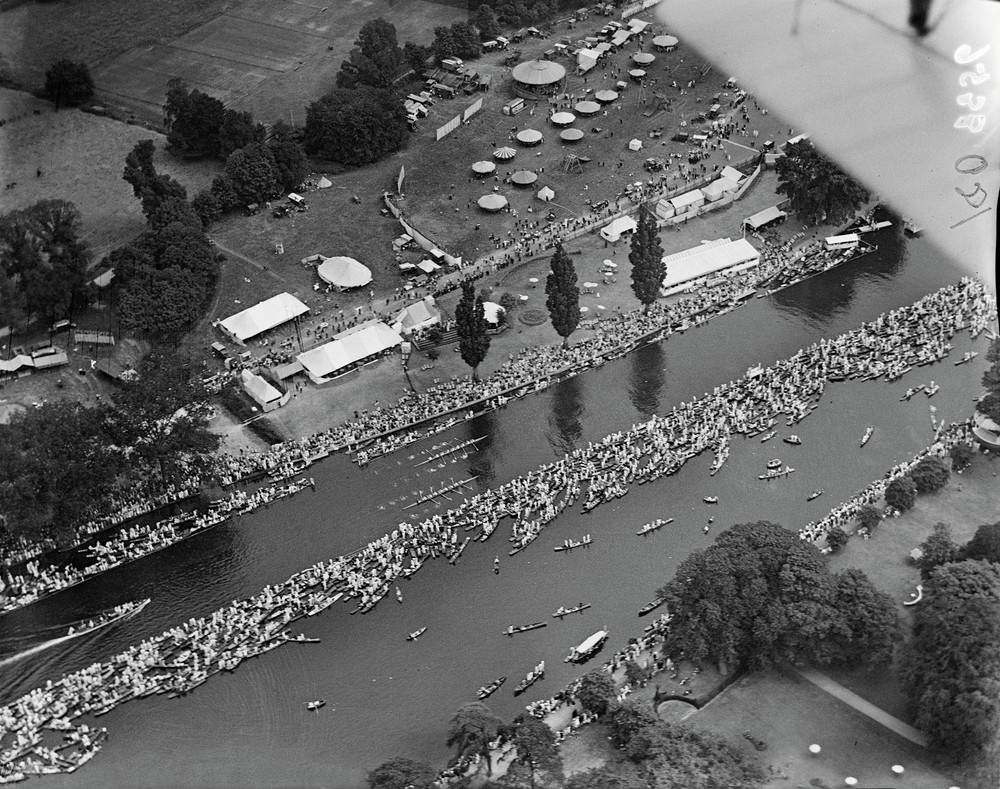 Henley-on-Thames, an Eights race approaches the finish at the Royal Regatta, 1923.