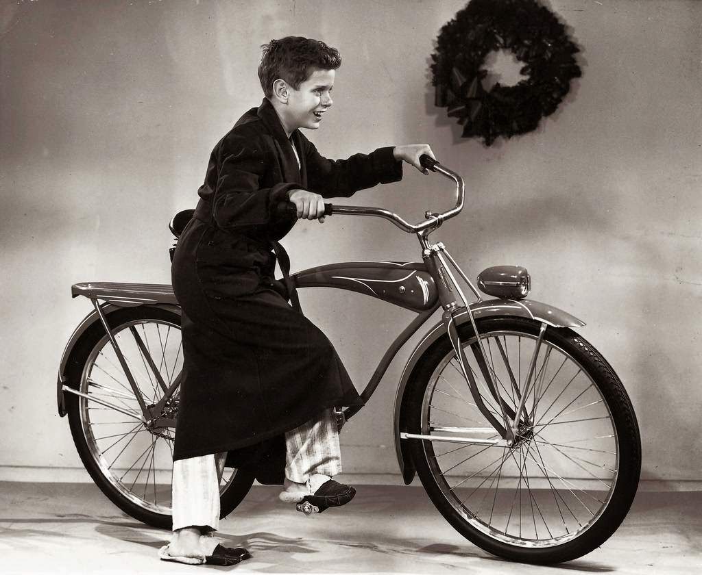 Christmas tree with a bike underneath, 1946.