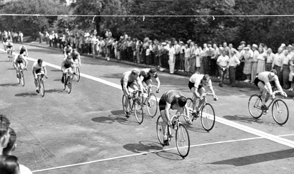 Ted Smith, of Buffalo, N.Y., Tom Montemage, also of Buffalo, and Richard Olda, of St. Louis, finished first, second, and third respectively in the senior men's 5 mile bicycle race at Humboldt Park, 1945.