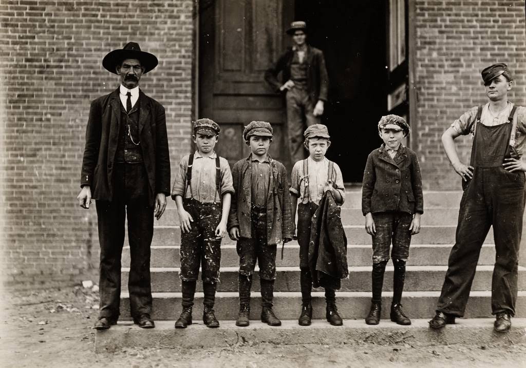 Boy with coat in hand is 11 years old. Been there 9 months. Started at 50 cents a day. Now gets 60 cents. Gastonia, North Carolina, USA 1908.