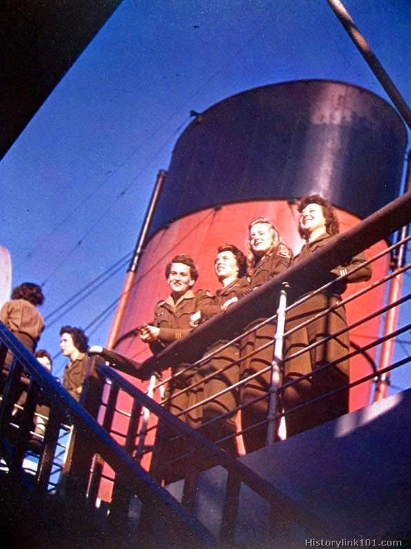 These WAC have been overseas well over two years and are on their way home aboard the S.S. Queen Mary. It sailed from Southampton November 4, 1945.