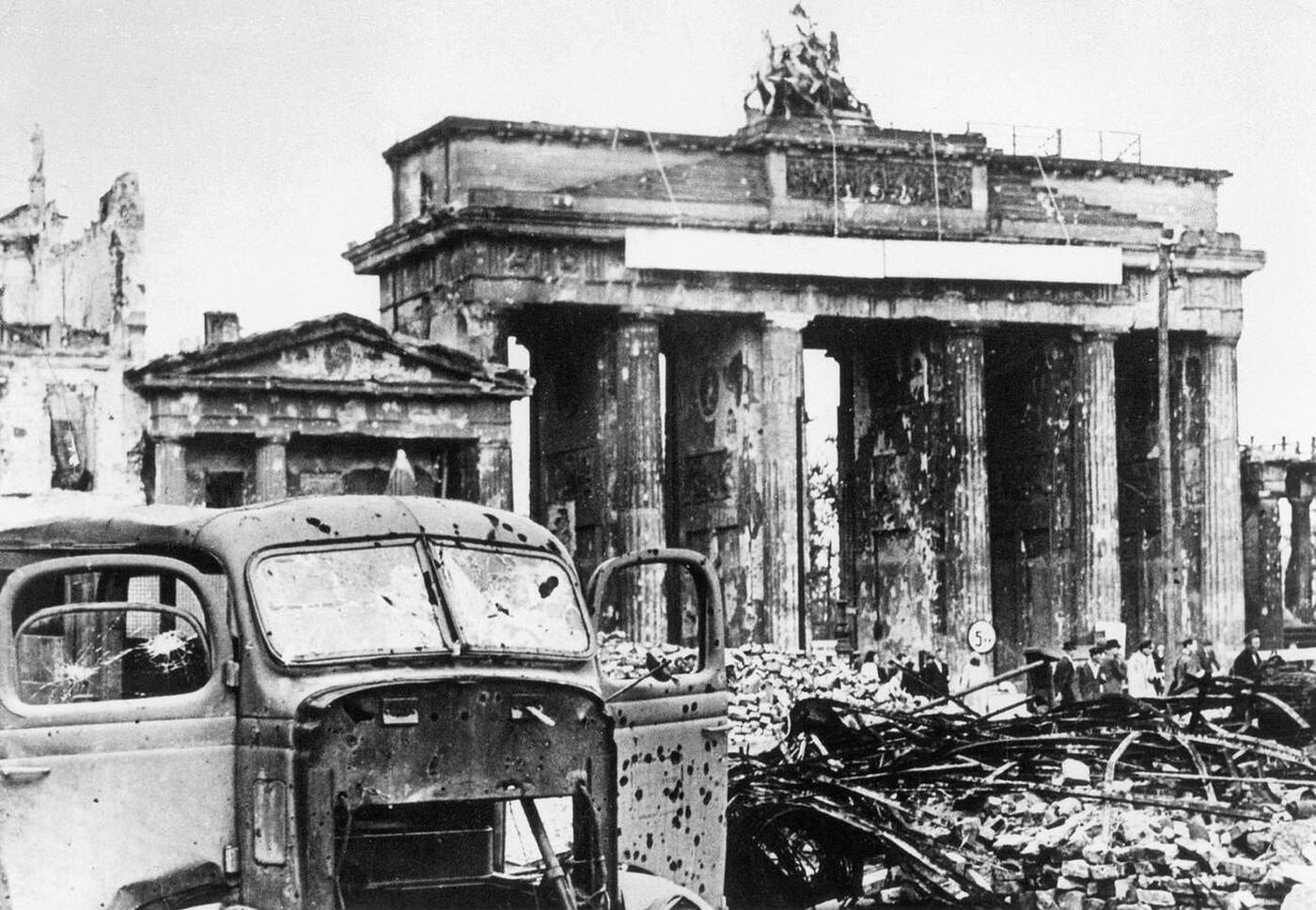 The Brandenburg Gate after the fighting ended in the city, 1945.