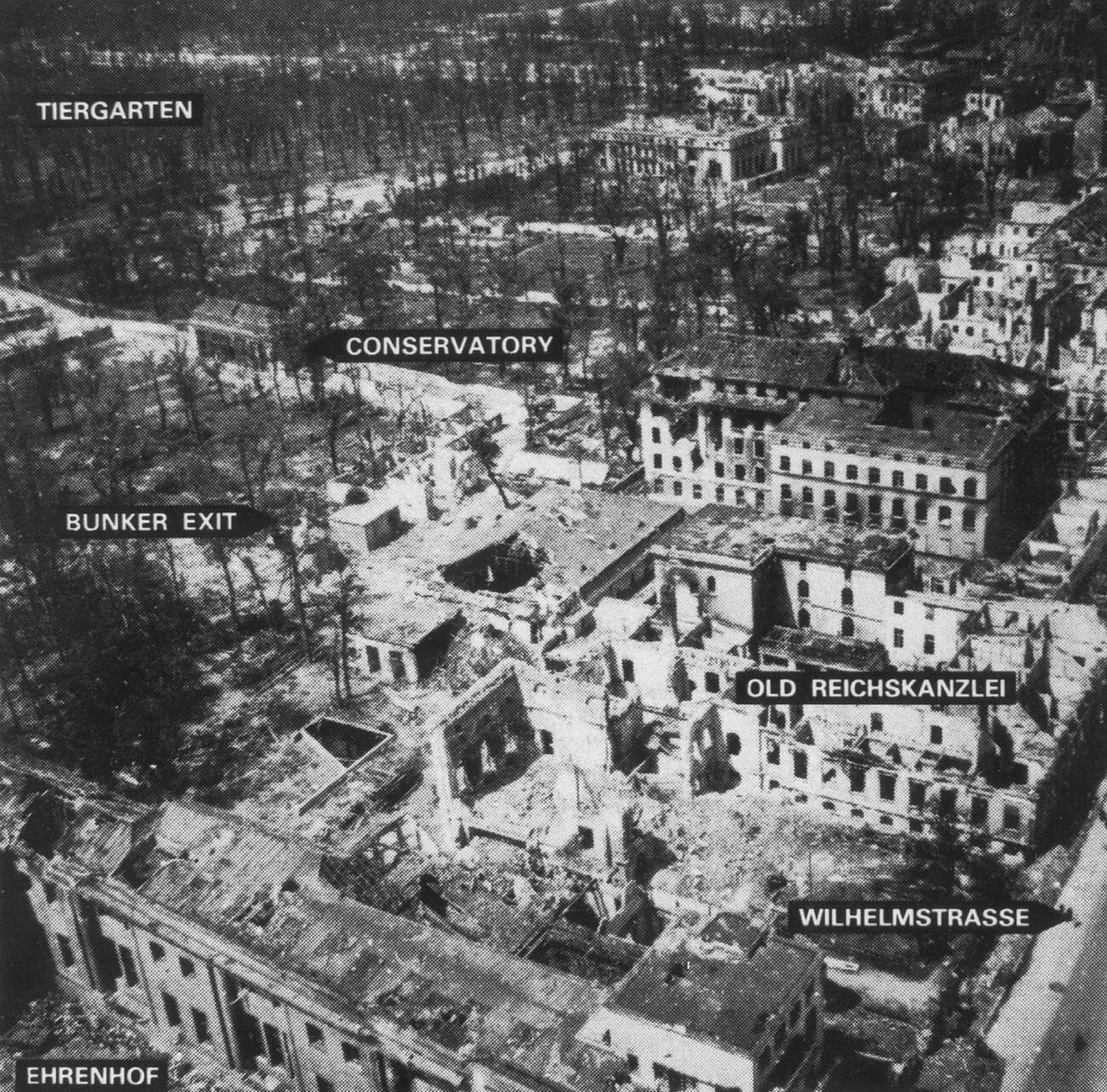 The destroyed buildings of the Old and the New Reich Chancellery in the Wilhelmstrasse in Berlin, 1945.