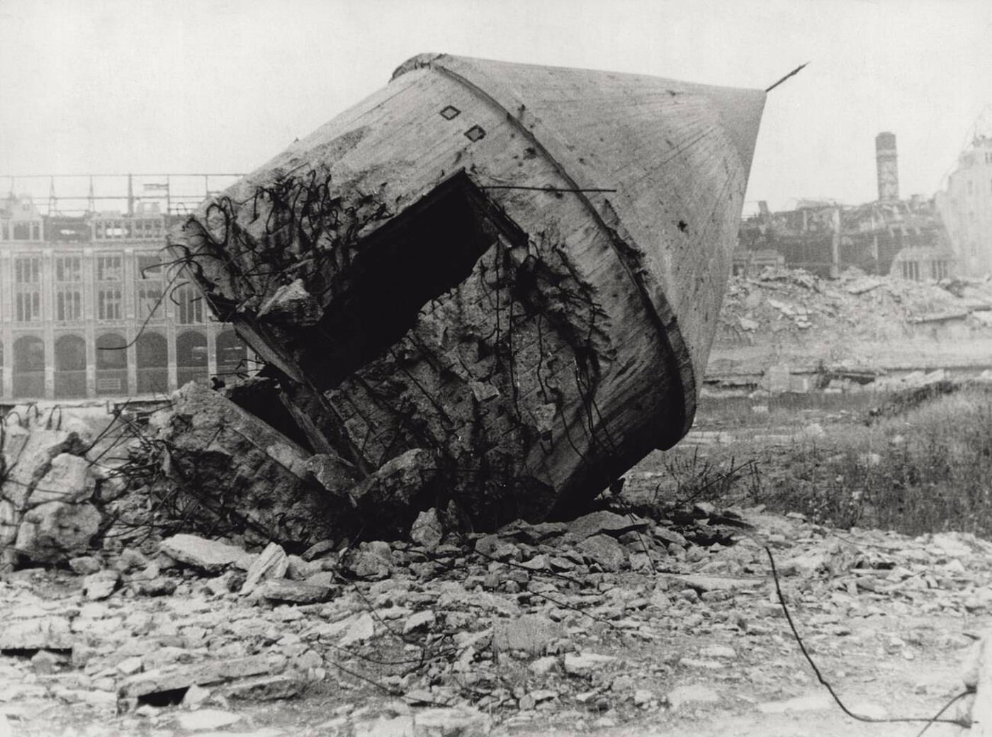 View of the remains of a turret, containing an emergency exit for the Reich Chancellery bunker, blown up by the Russians, Berlin, 1945.