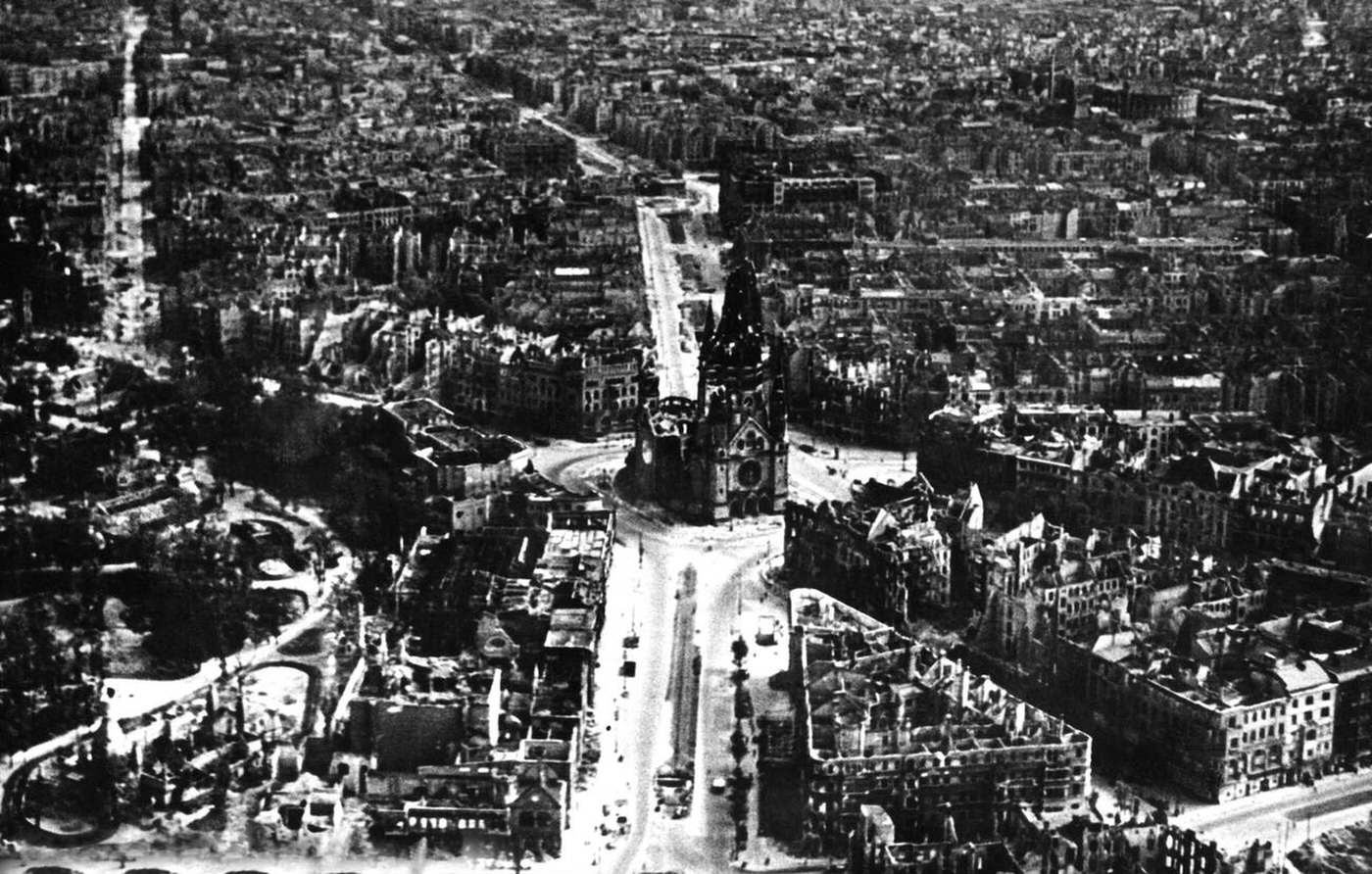View of the destroyed city of Berlin at the Kaiser Wilhelm Memorial Church, 1945.