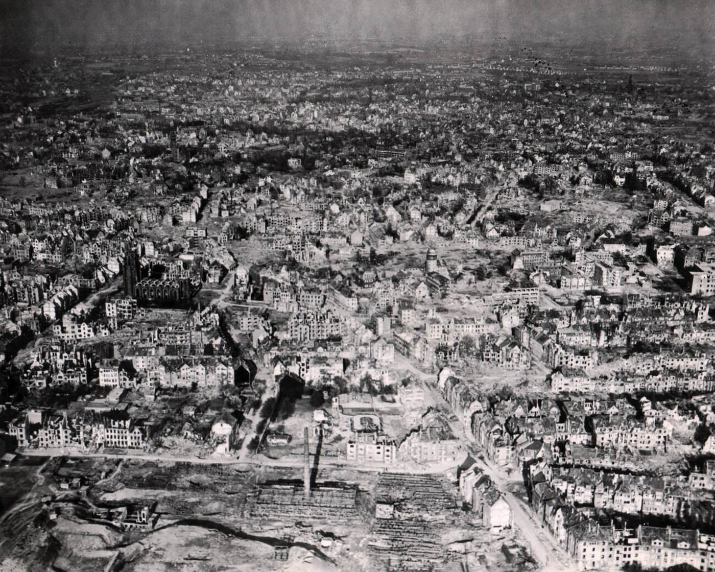 Aerial view of devastated town of Essen, 1945.
