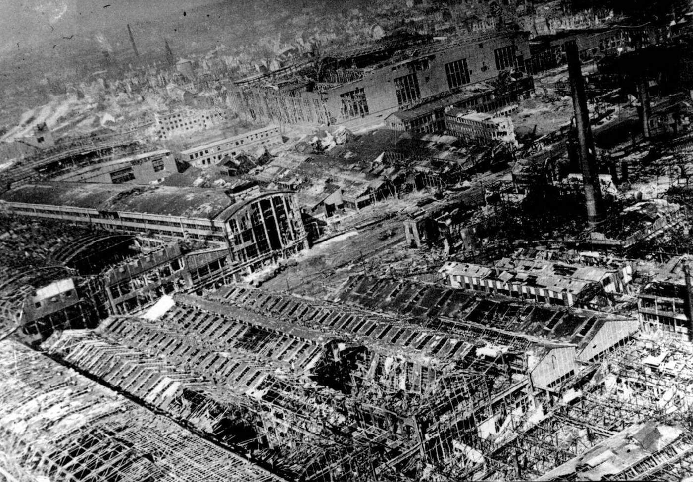 An aerial view of the devastated Krupps works at Essen, 1945.