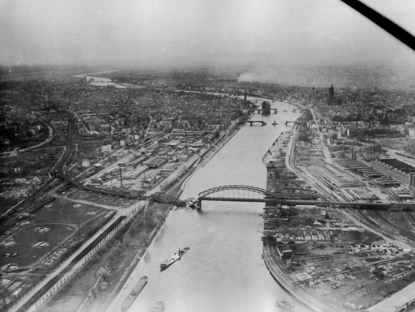 Aerial view of the blasted town of Frankfurt on Main, 1945.