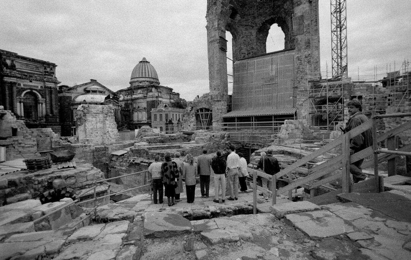 The ruins of the Dresden Frauenkirche destroyed during bombing in February 1945 being prepared for reconstruction after reunification, 1994.