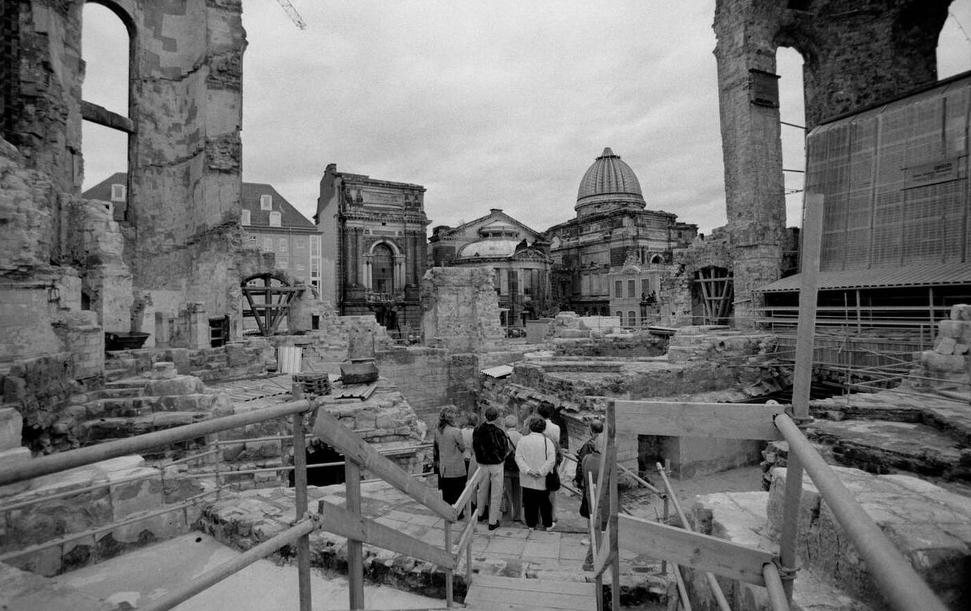 The ruins of the Dresden Frauenkirche destroyed during bombing in February 1945 being prepared for reconstruction after reunification, 1994.