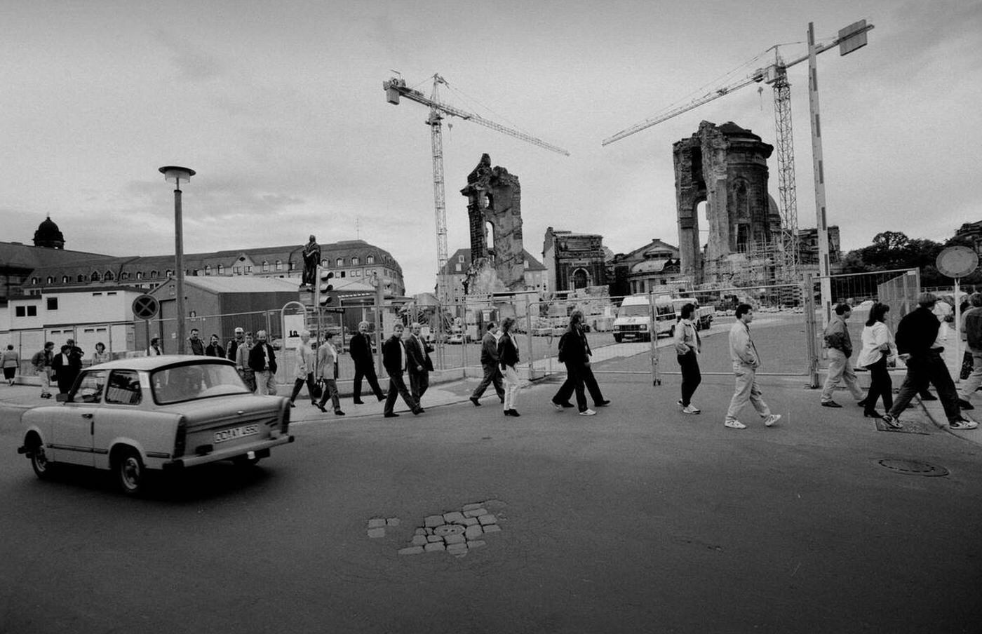 The ruins of the Dresden Frauenkirche destroyed during bombing in February 1945 being prepared for reconstruction after reunification, 1994.