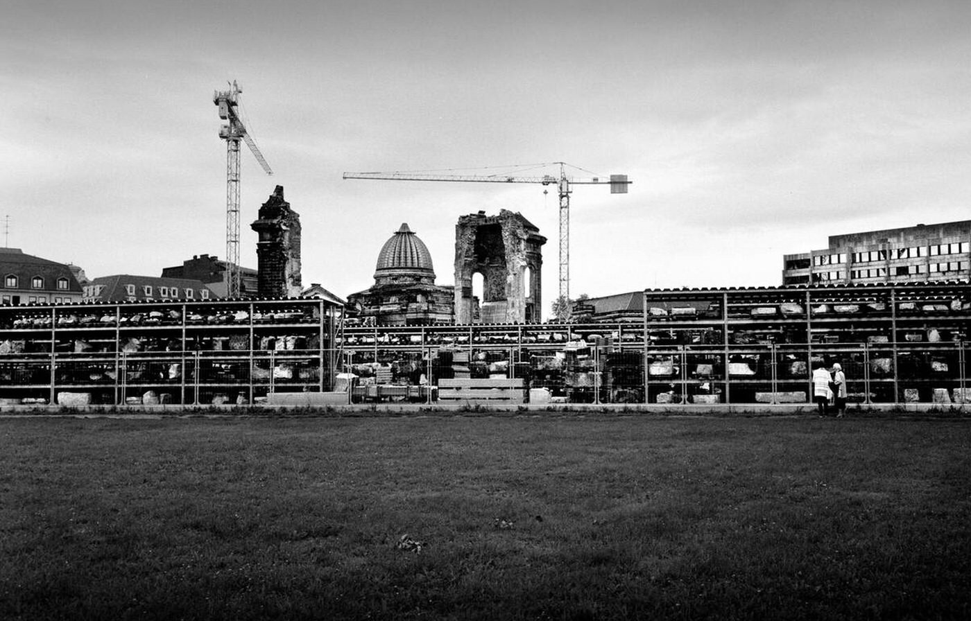 The ruins of the Dresden Frauenkirche destroyed during bombing in February 1945 being prepared for reconstruction after reunification, 1994.