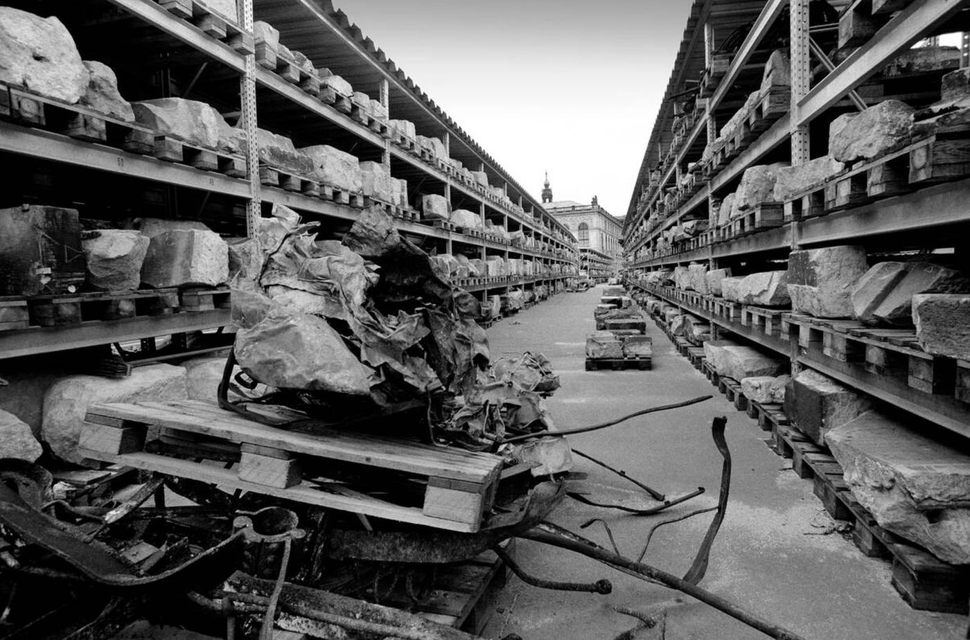 The ruins of the Dresden Frauenkirche destroyed during bombing in February 1945 being prepared for reconstruction after reunification, 1994.
