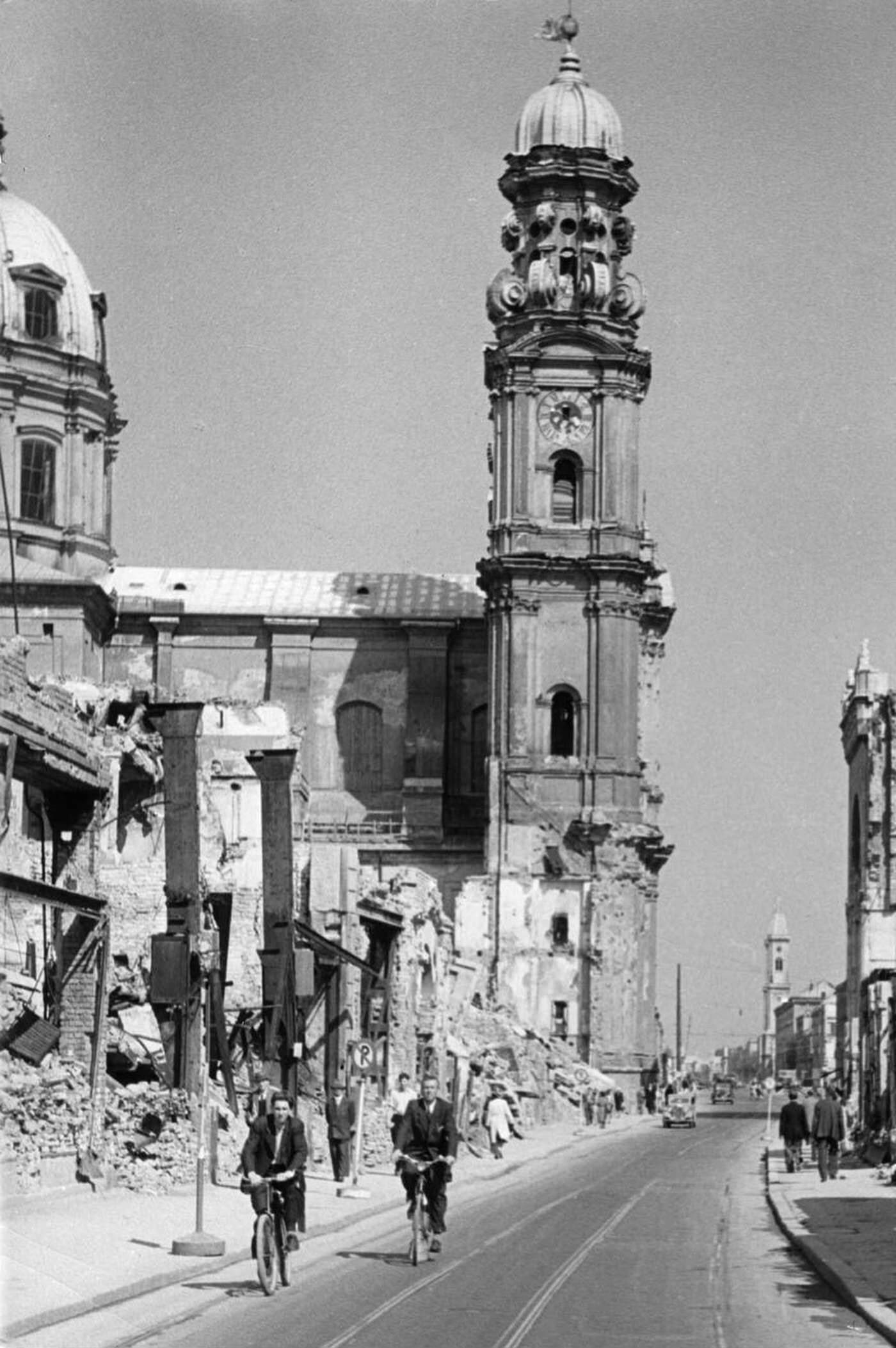 Theatinerkirche, destroyed after WWII, Munich, Germany, 1949.