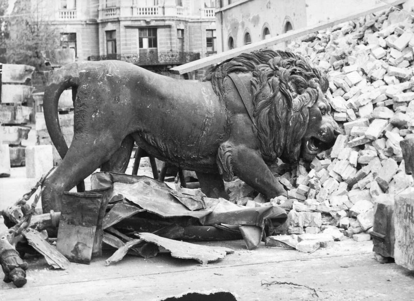 The Bavarian lion from Munich's Victory Gate in a pile of rubble after the Second World War, 1945.