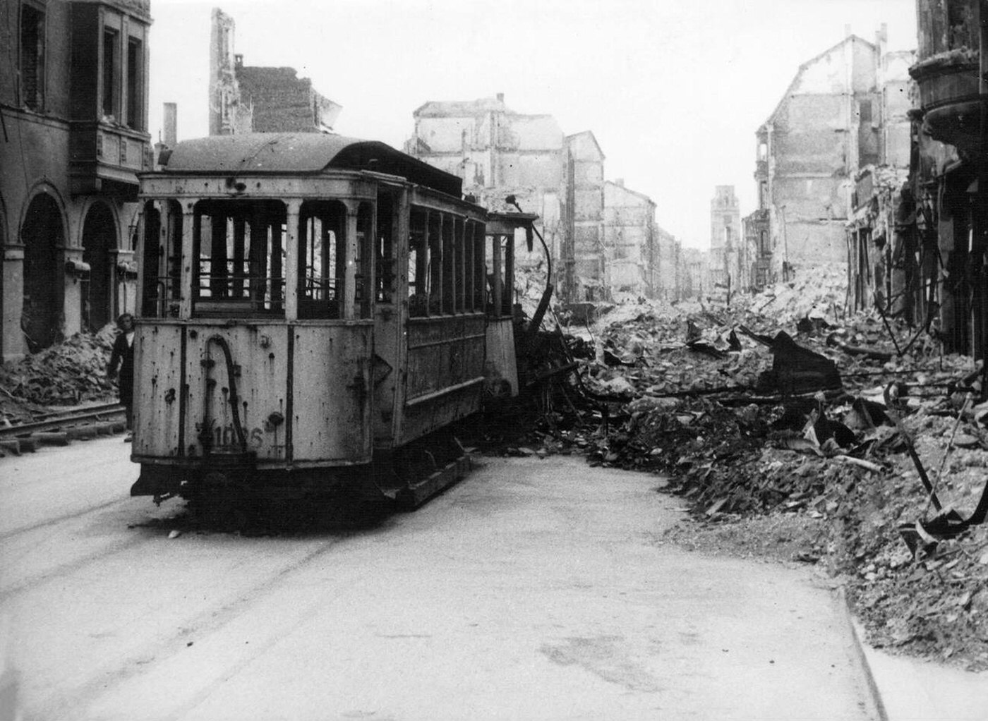 A burned out tram and rubble in the Augusten Street after the Second World War in Munich, Germany, 1945.