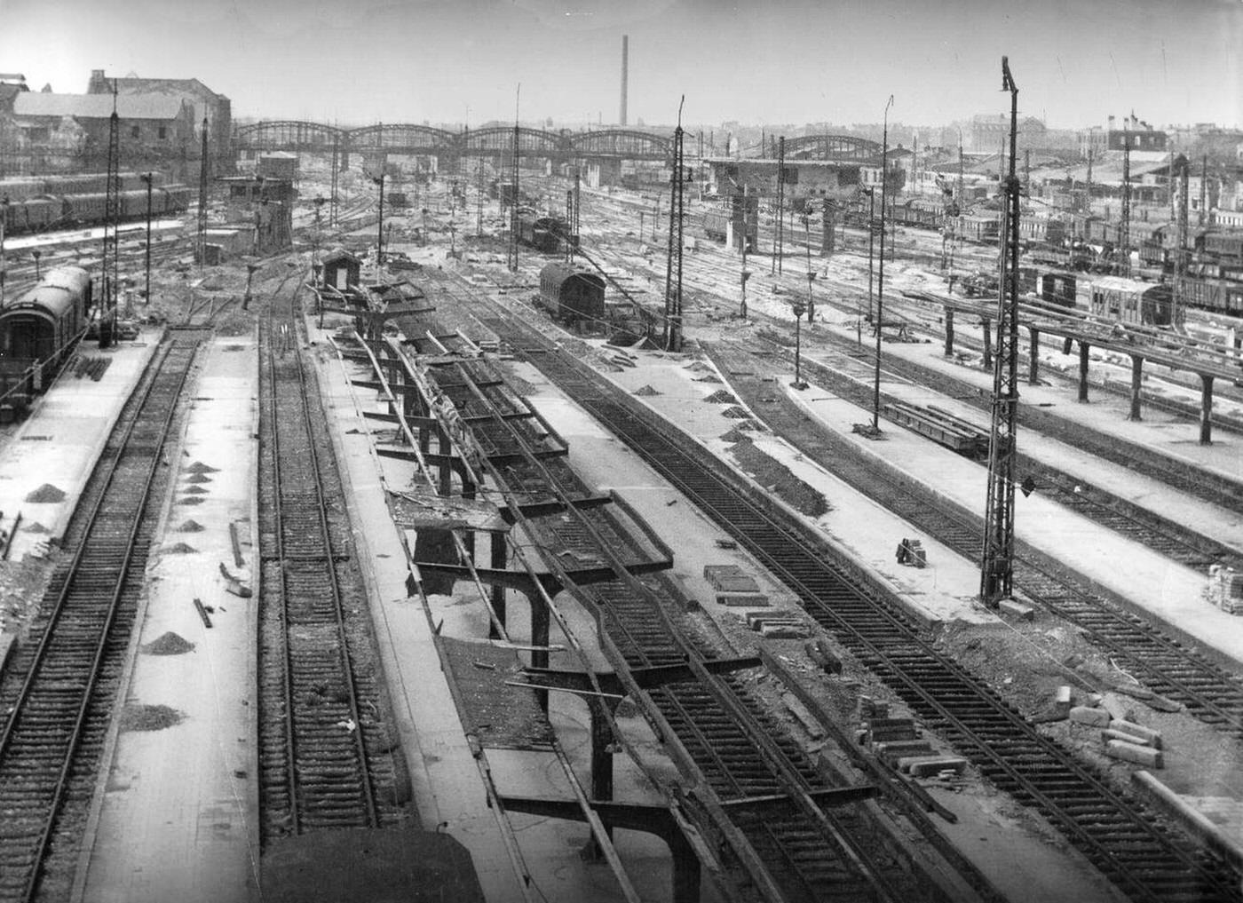 The destroyed railway tracks of the Munich Central Station after the Second World War, 1945.