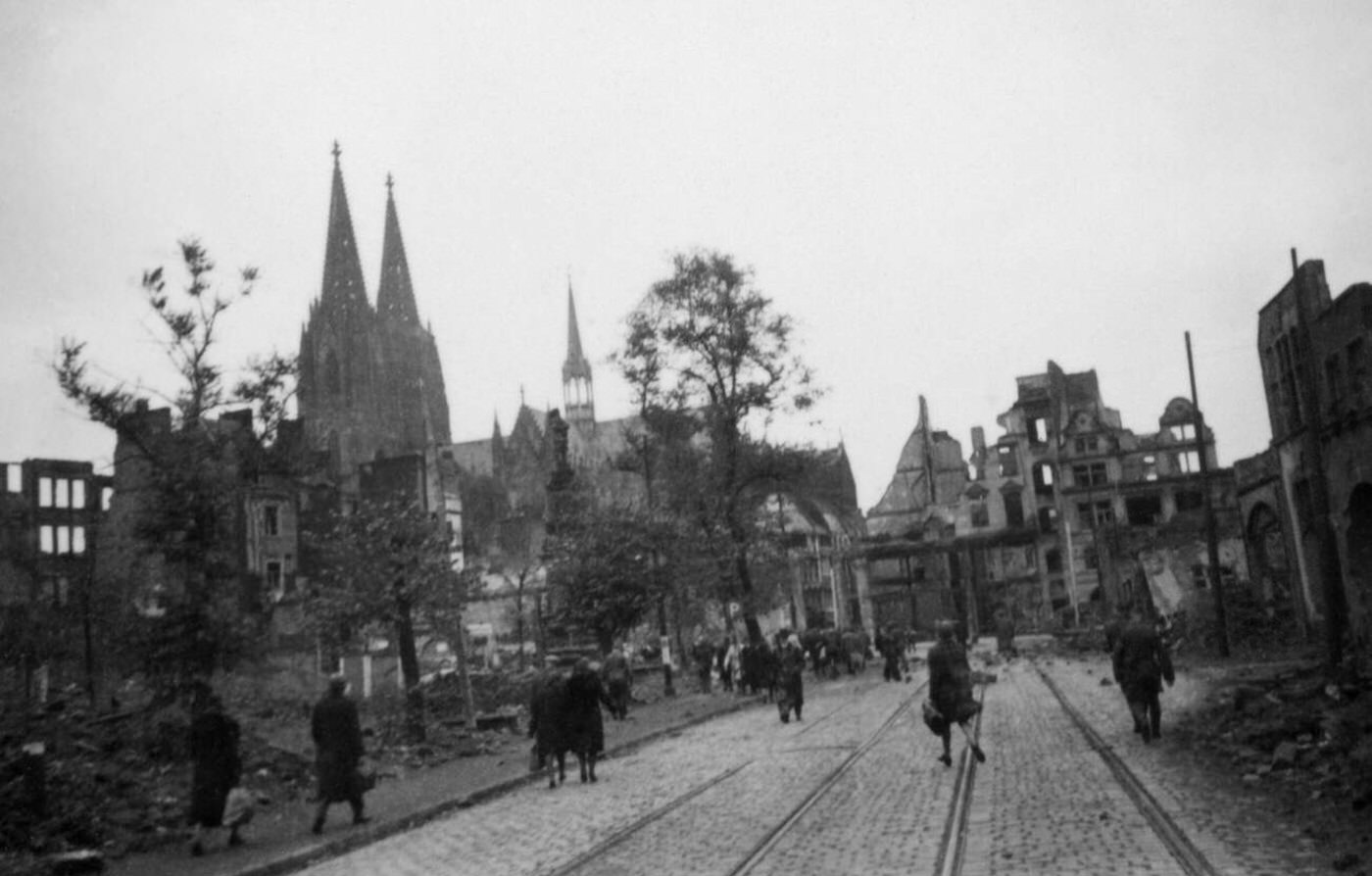 Street scene in Cologne after an Allied air raid, 1944.