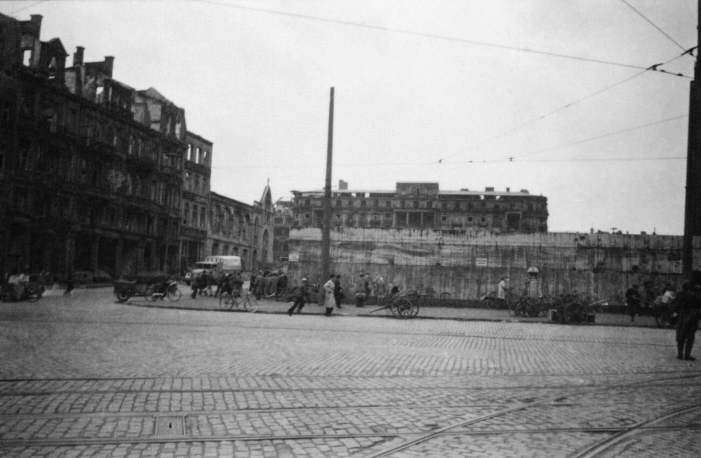 Street scene in Cologne after an Allied air raid, 1944.