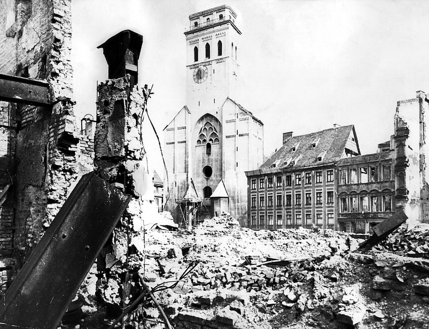 Ruins around Saint Peter's Church, Munich, Germany, 1945.