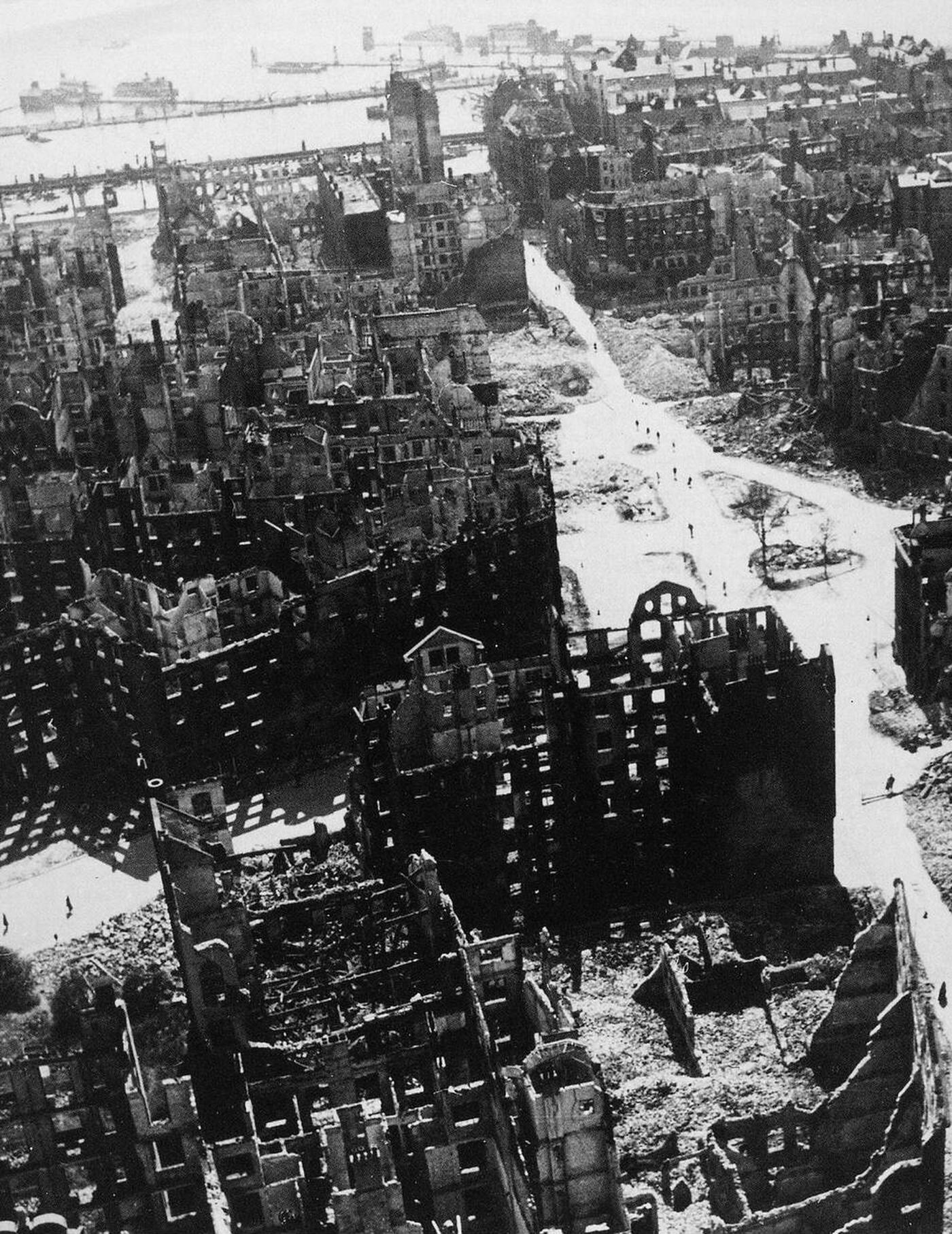 View of Hamburg from a church tower one month after Operation Gomorrah, 1943.