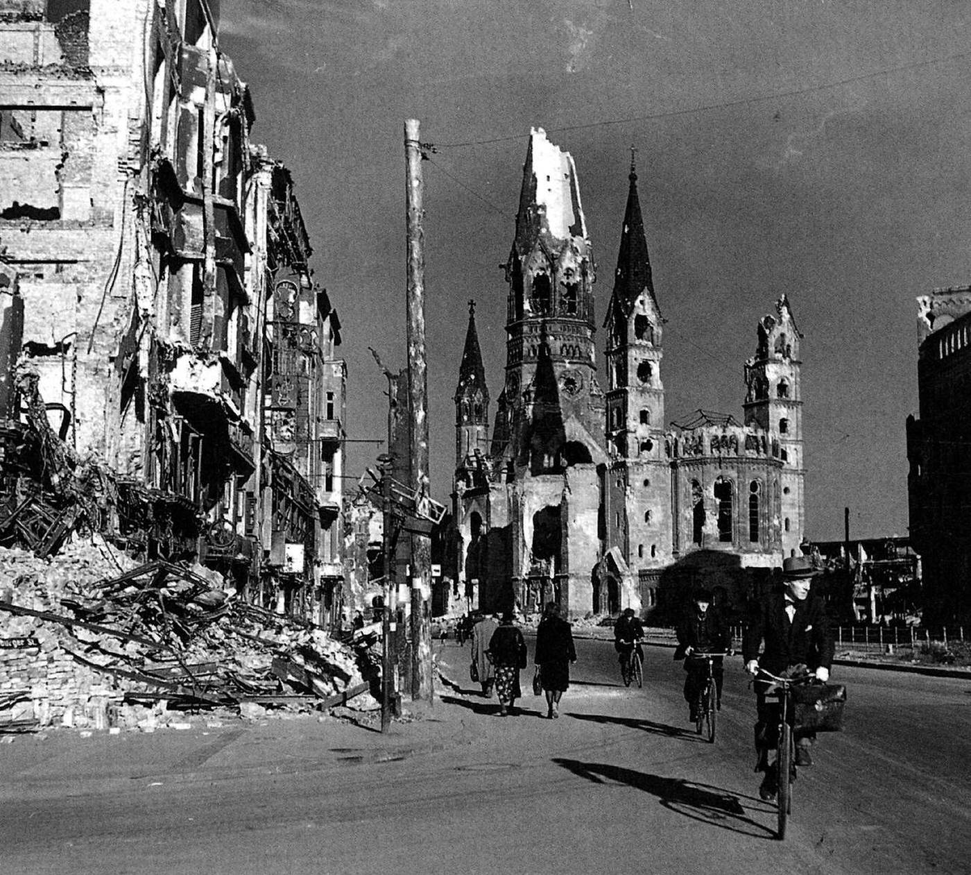 View of the destroyed Kaiser Wilhelm Memorial Church, Berlin, 1945.
