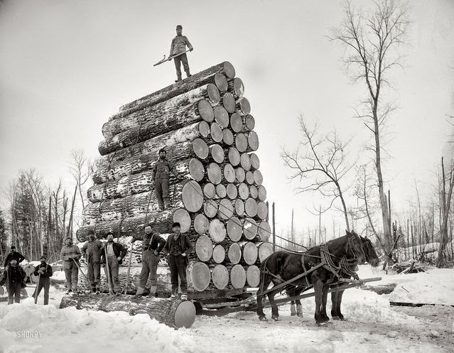 Michigan circa 1890s. "Logging a big load." Continuing our Michigan travelog. 8x10 inch dry plate glass negative, Detroit Publishing Company.