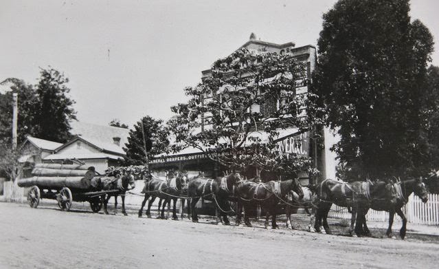 Horse team pulling a log jinker in High Street, ca. 1920.