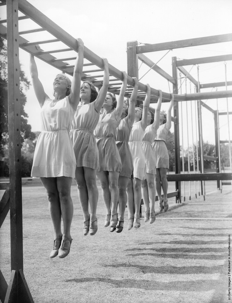International pupils at an outdoor physical education class at the English-Scandinavian Summer School in Milner Court, Sturry, Kent, 1935.