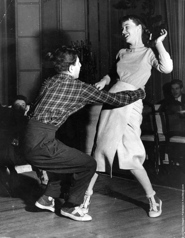 French university students dance the jitterbug in Paris, 1949.