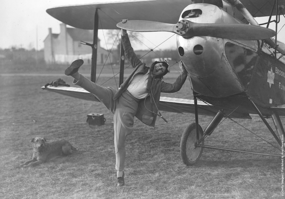 A young woman taking flying lessons at Brooklands School, 1929.