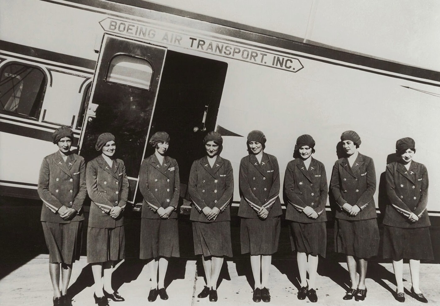 The airline industry's first stewardesses ready for inspection for Boeing Air Transport, 1930.