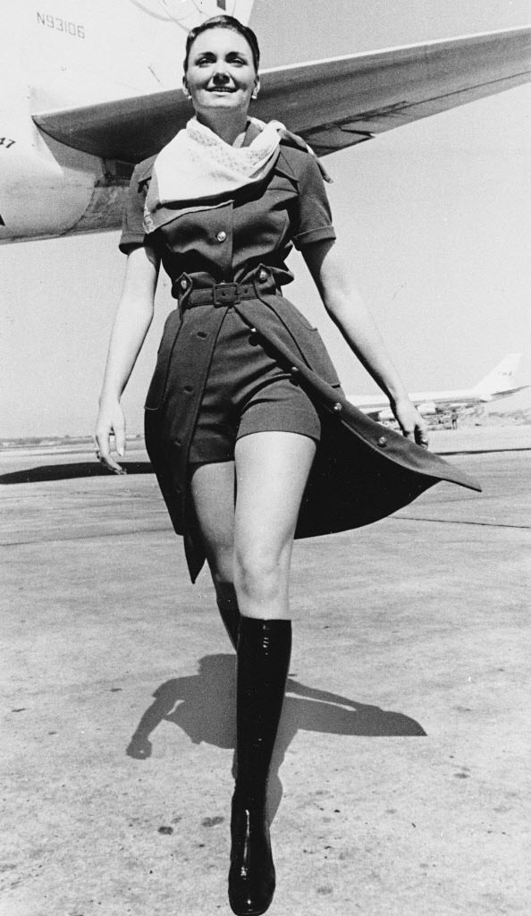 A uniform for TWA stewardesses from 1971 was made up of "mini-pants" worn with a safari shirt dress.
