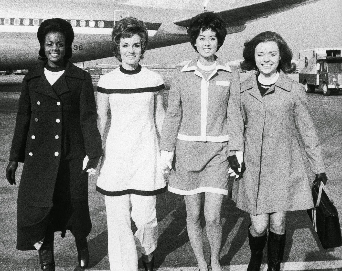American Airlines stewardesses face the press in the mid-1970s.