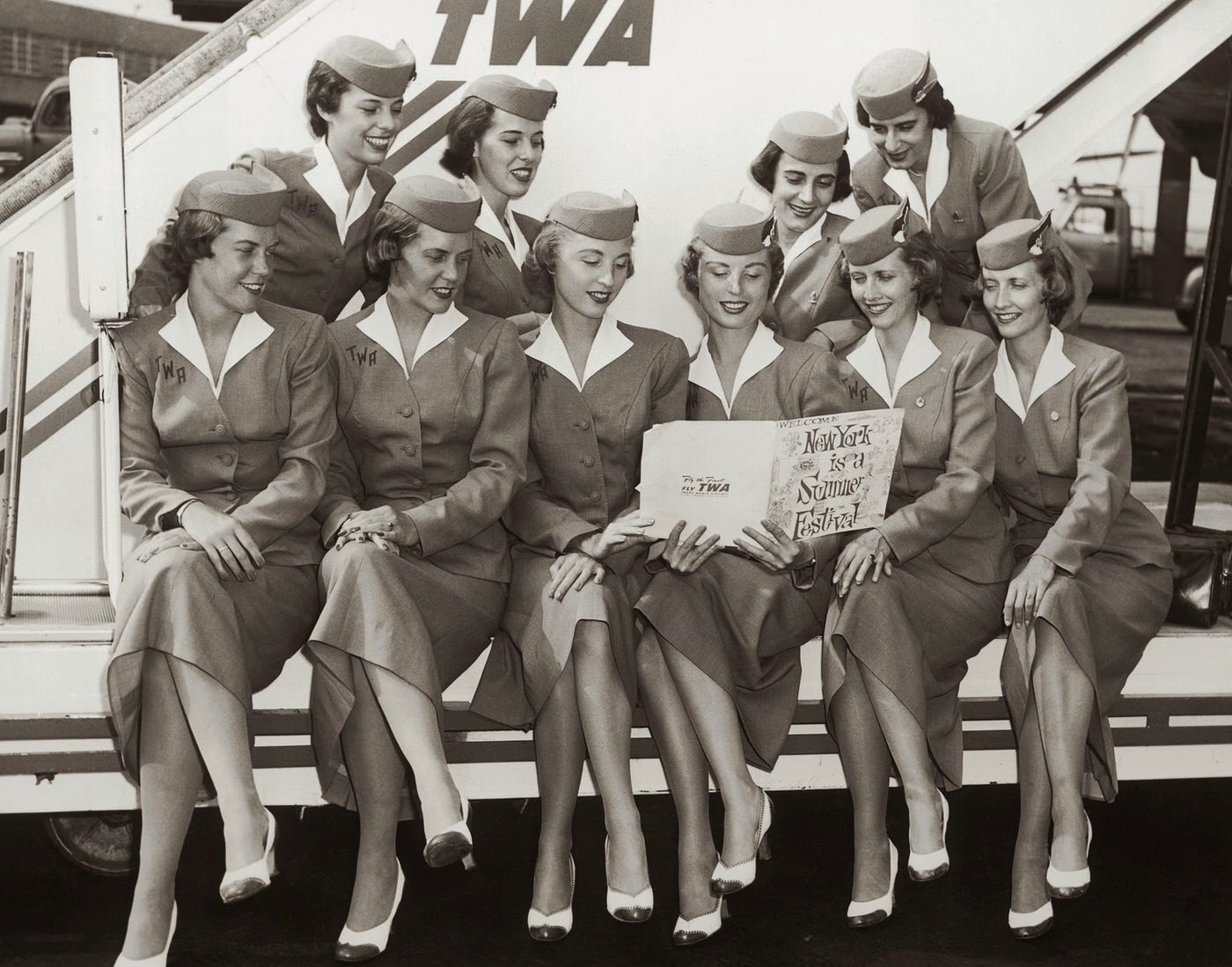 In 1956, five sets of stewardess twins make good publicity material for TWA. They are, front row from left to right, Jean and June Manby, Marilyn and Marlene Nagel, Phyllis and Mary Lous Jibbes and back row, Ruth and Pat Zimmerman and Rose and Victoria Lewis.