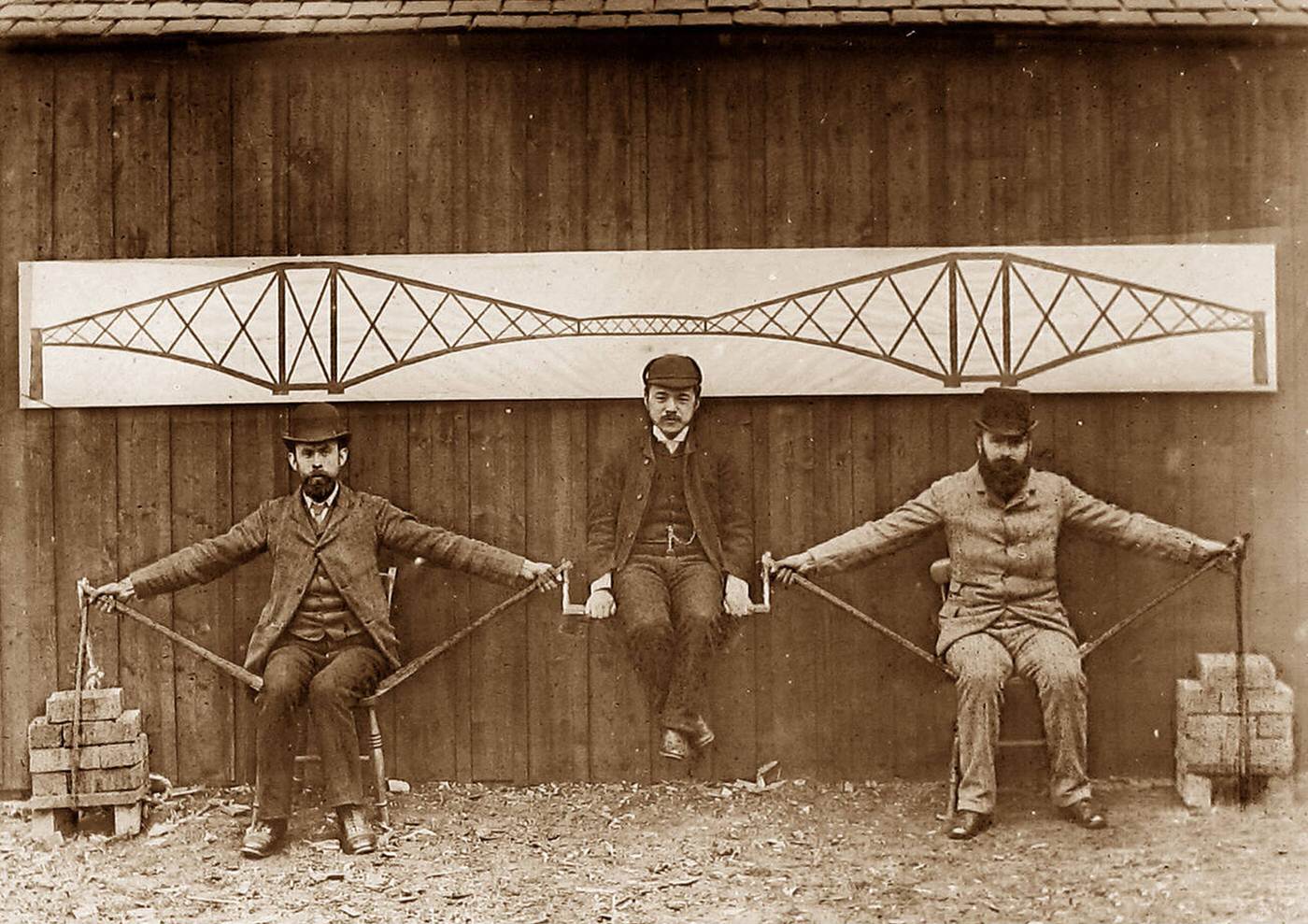 Construction of the Forth Railway Bridge - demonstrating the cantilever principle, 1890.