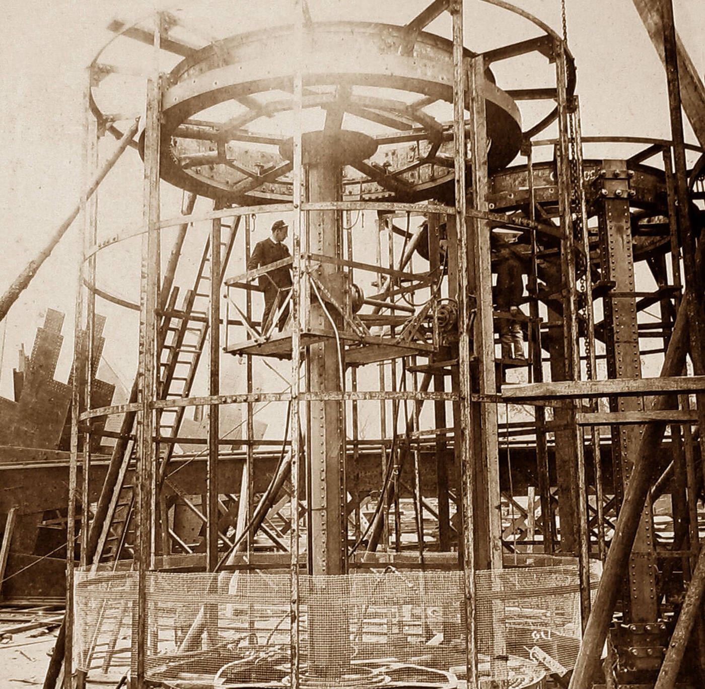 Building the Forth Railway Bridge - riveting machine, 1890.