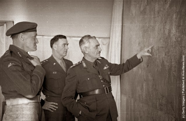 Greek commander General Vadzis holds a conference with General Van Fleet of the US and Major-General Down of Britain during the Greek Civil War, 1948.